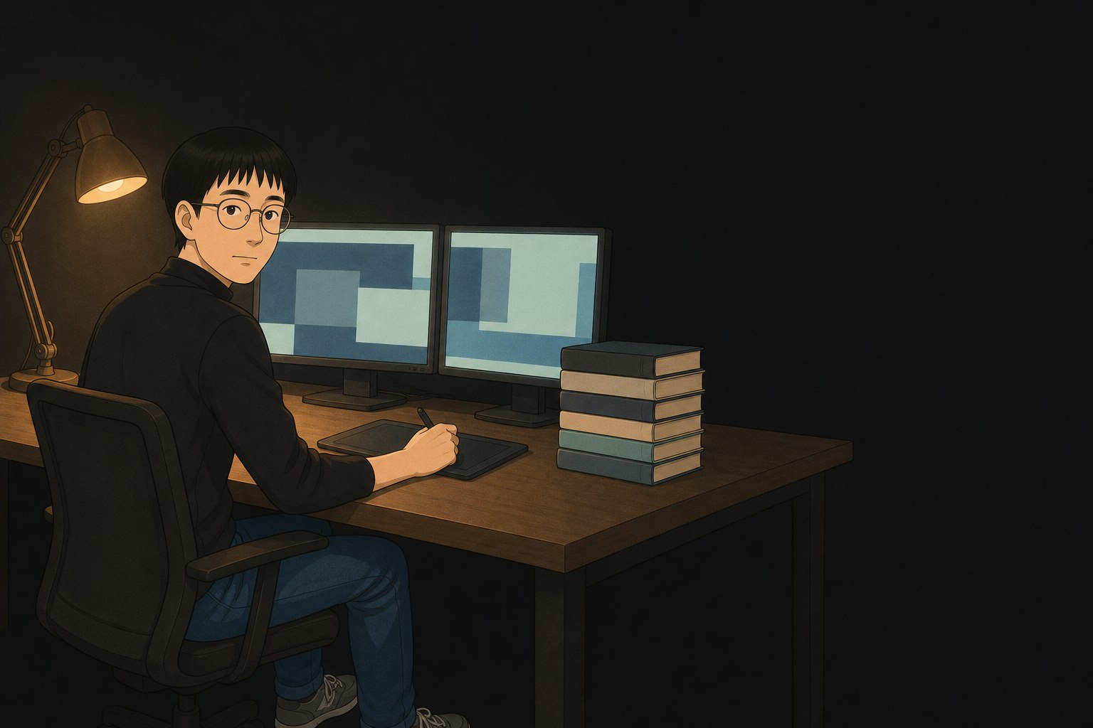 밤에 책상에서 모니터 두 대를 켜두고 작업하는 장면