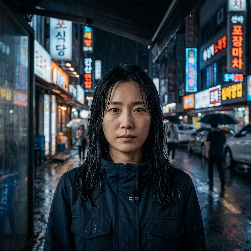 AI가 생성한 캐릭터 얼굴 — 비 내리는 밤거리를 배경으로 선 여성 기자
