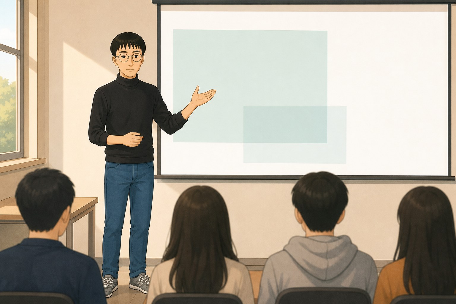강의실에서 학생들 앞에 서서 화면을 가리키며 설명하는 장면