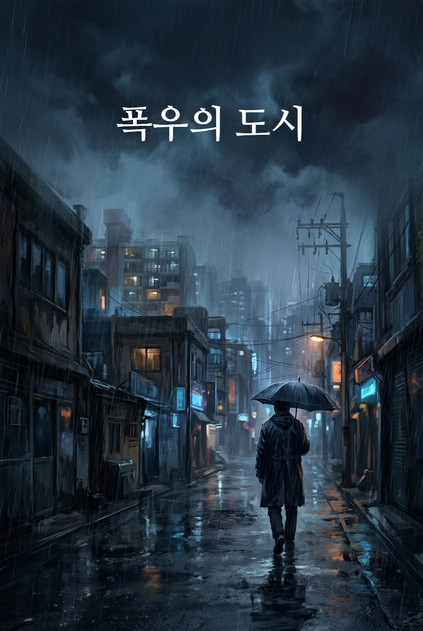 완성된 표지 — AI가 그린 비 내리는 도시 그림 위에 나눔명조로 '폭우의 도시'가 얹혀 있다
