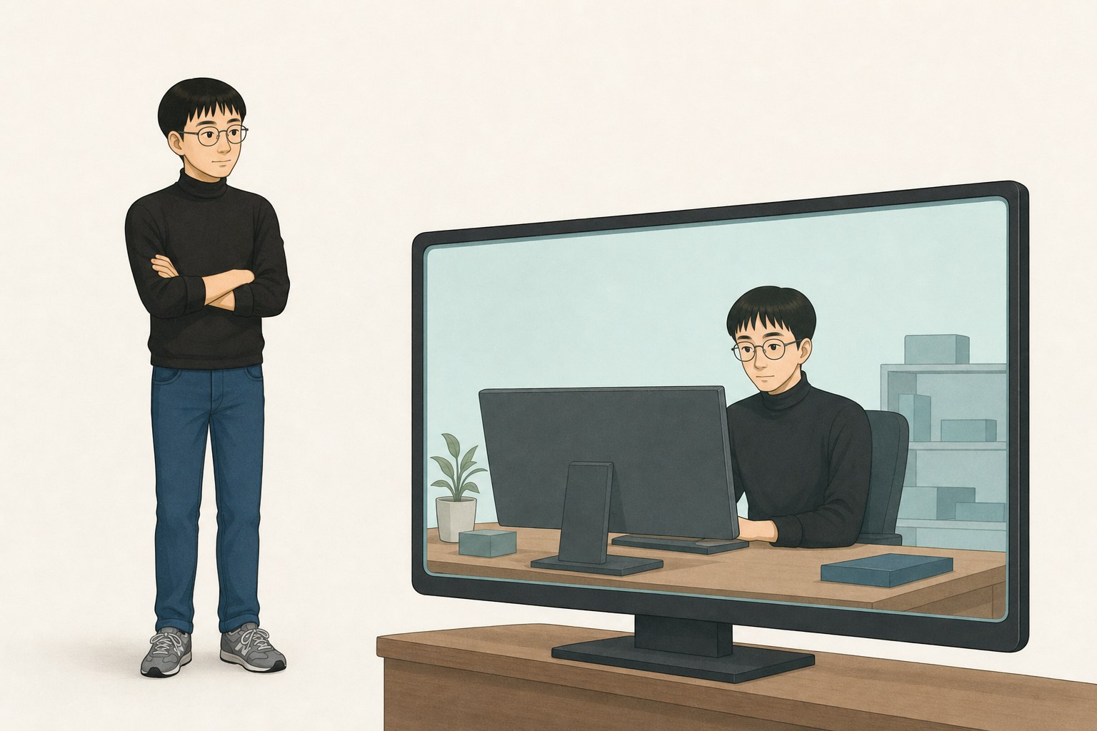 큰 모니터 안에서 일하고 있는 또 다른 자신을 바라보는 장면